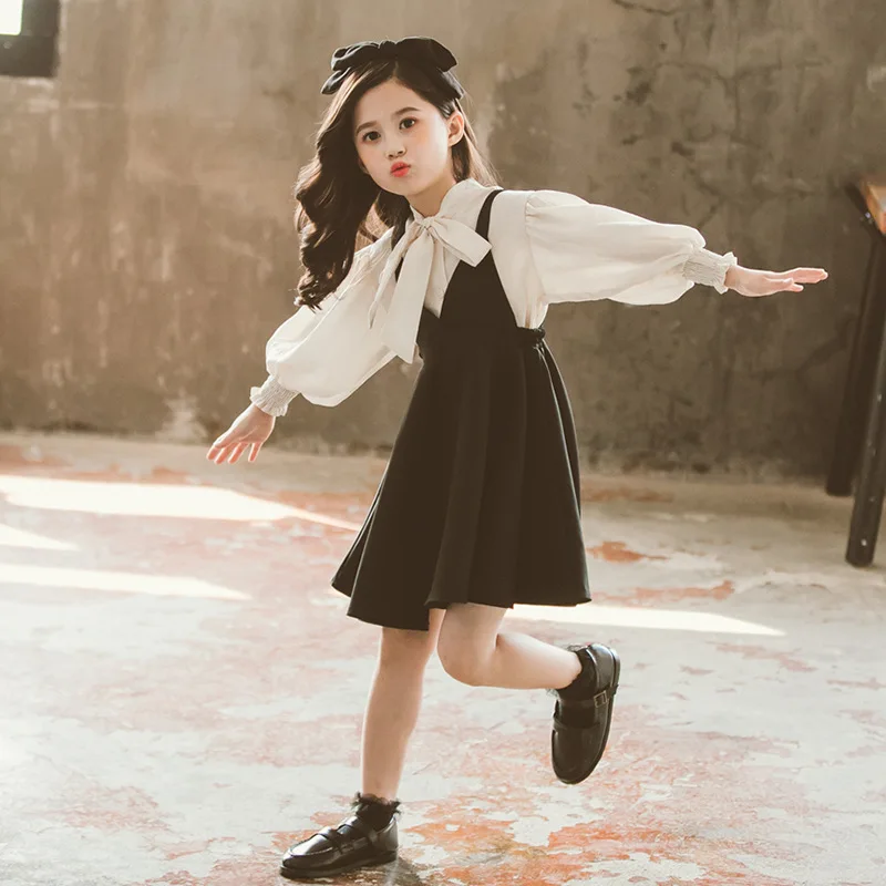

Autumn Teen Girls Clothing Spring Cotton Long Sleeve Blouse and Black Dress Sets Fashion Elegant Kids Clothes Sets Girls Outfits