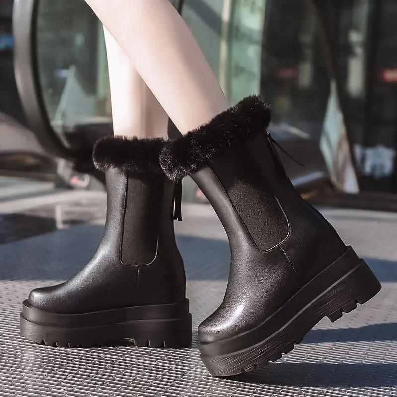 

2021 High Quality Mid Calf Women Platform Boots Soft Leather Zip Plush Keep Warm Winter Snow Boots Black White Fur Wedge Booties