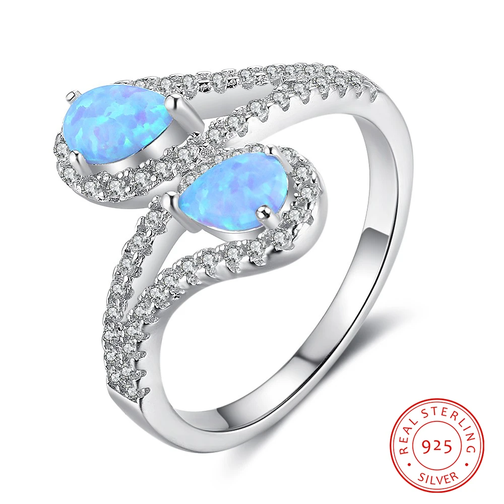 

Blue Fire Opal Stone Rings Double Opal Rings 925 Sterling Silver Women Rings Zirconia Crystal Engagement Wedding Ring Jewelry