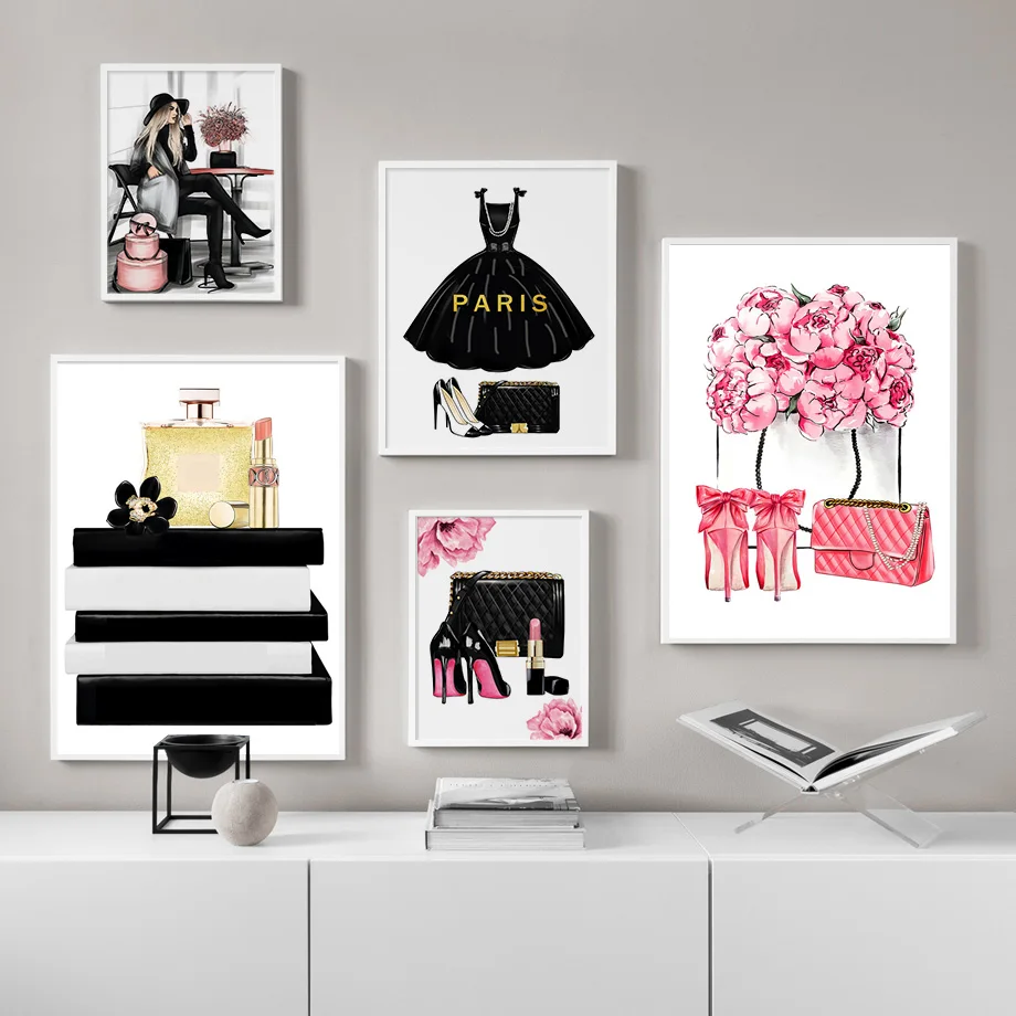 

Fashion Book Paris Perfume Dress Lipstick Wall Art Canvas Painting Nordic Posters And Prints Wall Pictures For Living Room Decor
