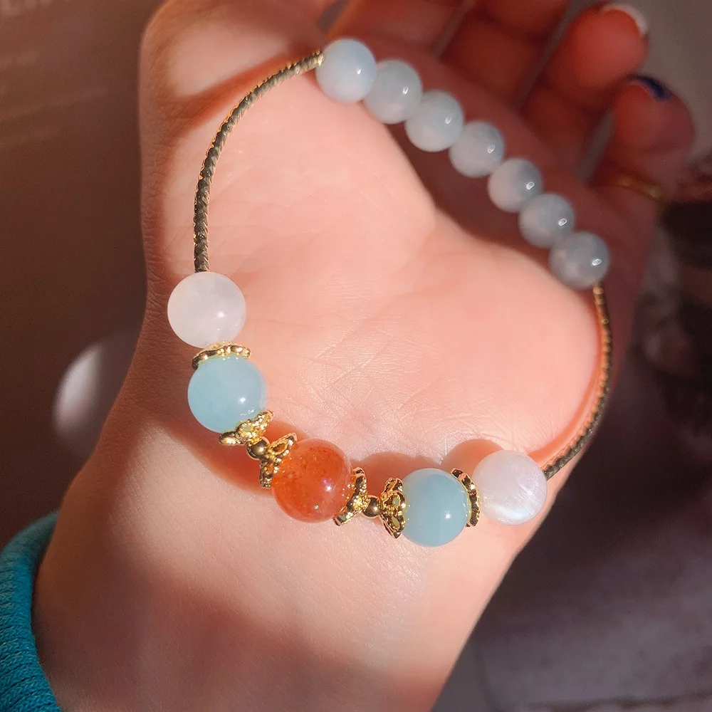 

Original Natural Aquamarine Strawberry Crystal Stone Bead Cuff Bracelet Healing Power Stone Jewelry Women's Lucky Bracelet