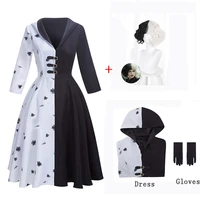 anime cruella de vil cosplay costume movie adult women gown black white maid dress with gloves hoodie skirt halloween party