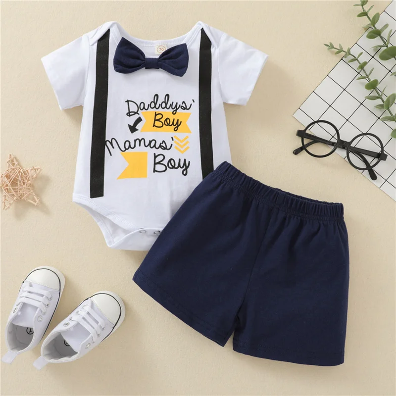 

2Pcs 0-18Months Toddler Baby Boys Cotton Outfits,Casual Letters Printed Pattern Romper and Solid Color Shorts,Black/ Grey/ Navy