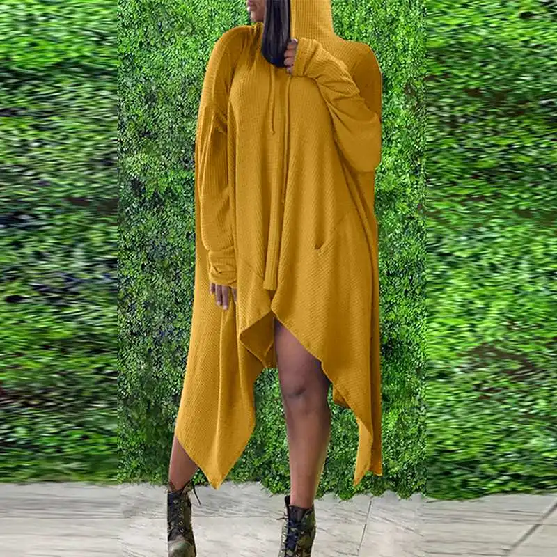 

Autumn Casual Solid Long Sleeve Dress VONDA Women Casual Hooded Party Dresses Vintage Pleat Asymmetric Hem Vestidos Oversized