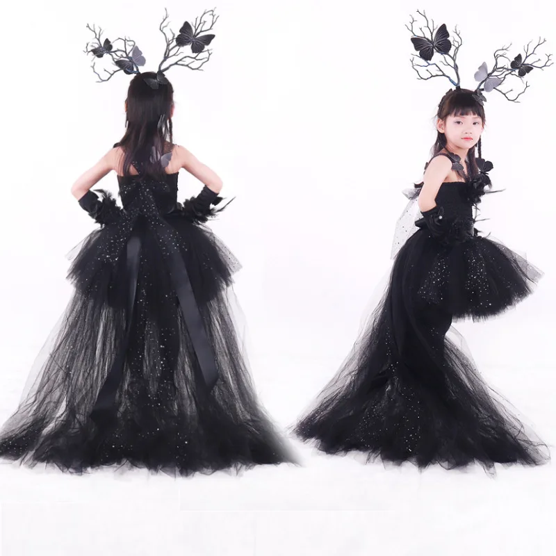

Платье с длинным шлейфом для девочек 8-9 лет, черное, с блестками