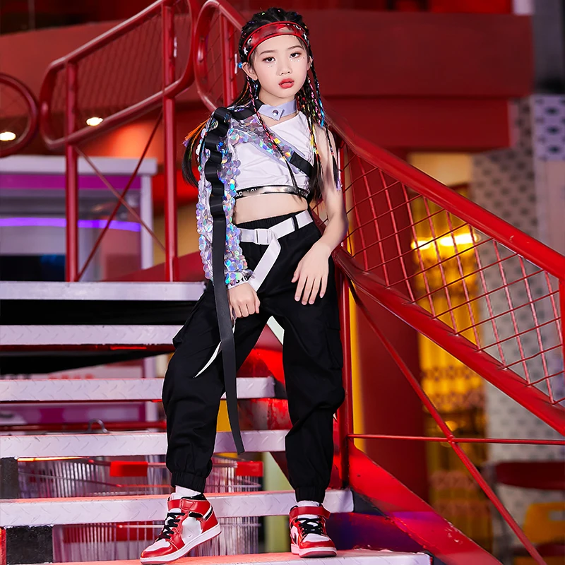 

New Girls Hip Hop Dance Costumes For Kids Sequin Shawl Vest Hiphop Pants Suit Children Jazz Dance Costumes Stage Ourfits T454