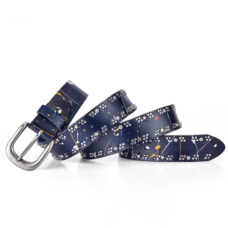 

Fashion Pin Buckle Waist Women Belts Genuine Leather Rivet Inlay Stars Pigment Belt For Women Luxury Brands Leather Belt Female