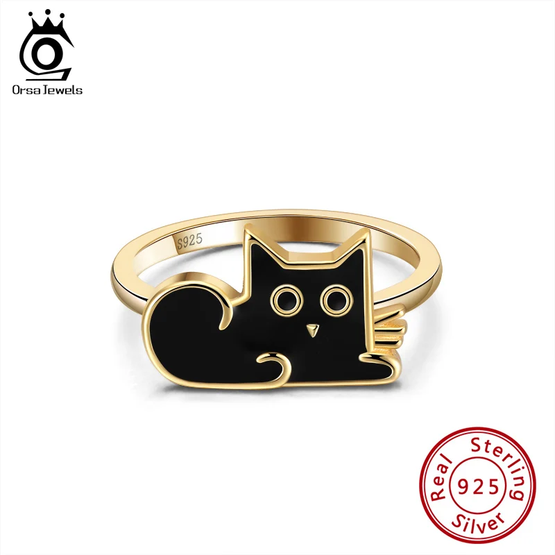 

ORSA JEWELS 925 Sterling Silver Rings Cat Shape Black Enamel Gold Plated Finger Ring Meticulous Jewelry For Female Dating EQR06