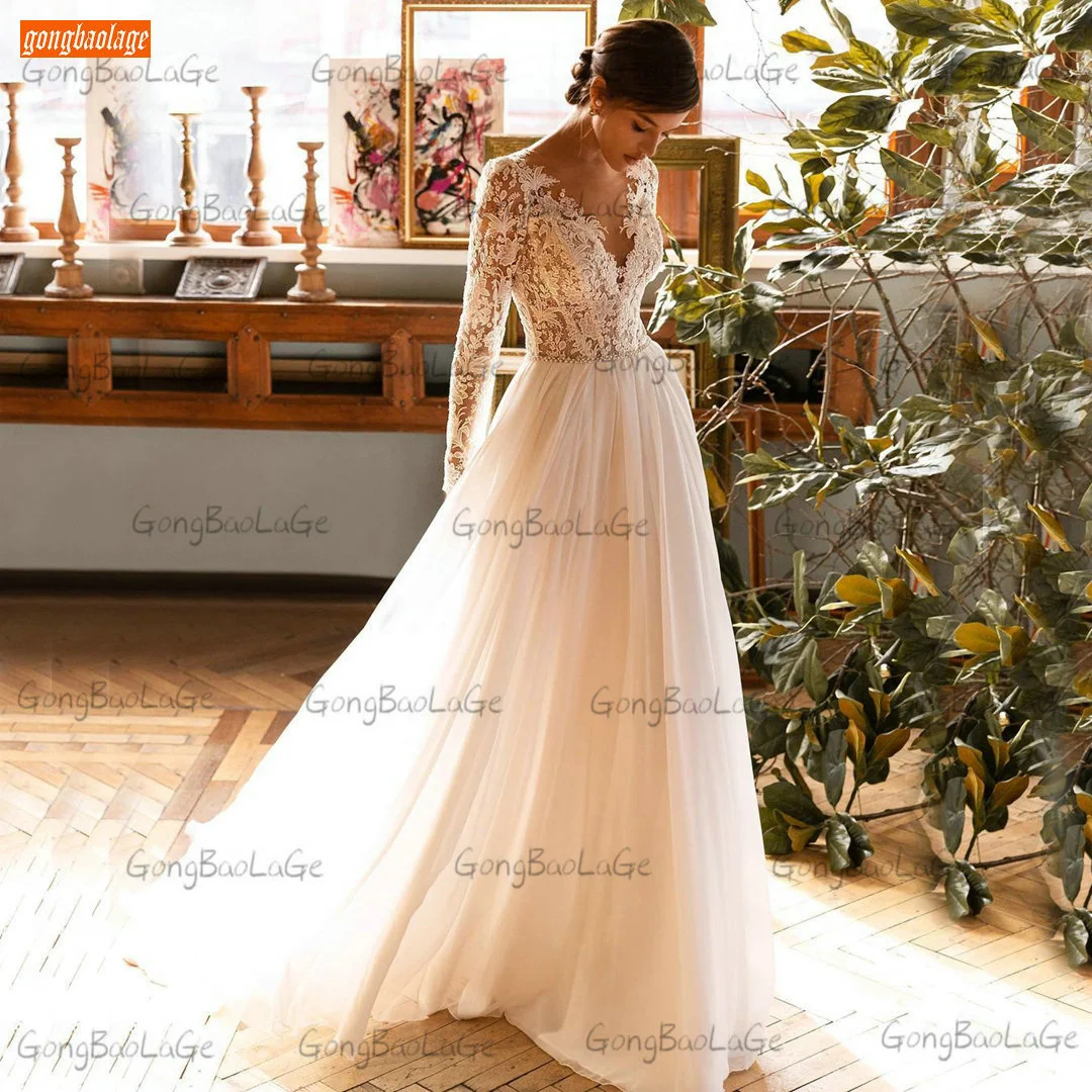 

Elegant Ivory Wedding Dresses Long Sleeves 2021 Boho Robe De Mariée Tulle Lace Appliqued Bridal Gowns Bohemian Vestido De Noiva