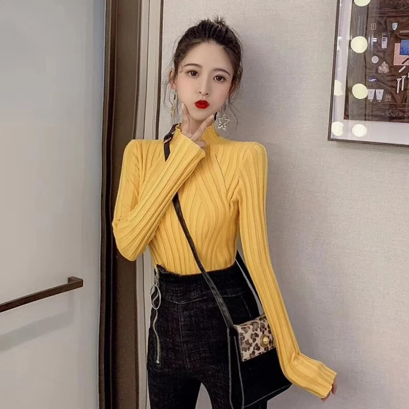 Женский вязаный свитер черный облегающий в Корейском стиле Осень-зима 2019 |