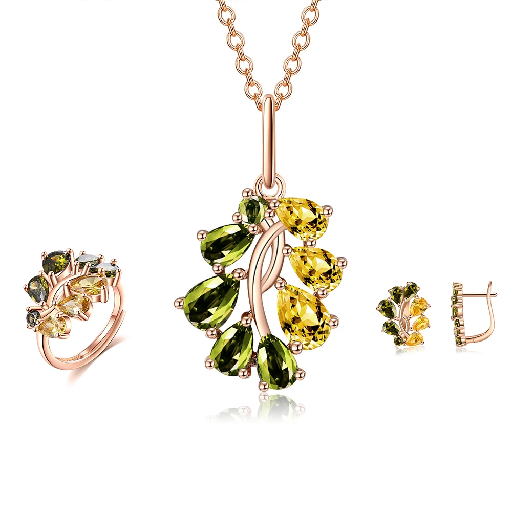 

Fashion Jewelry Sets For Women Multicolor CZ Earring Rose Gold Olive Tree Zircon Female Simple Luxury Necklace Ring Accessories