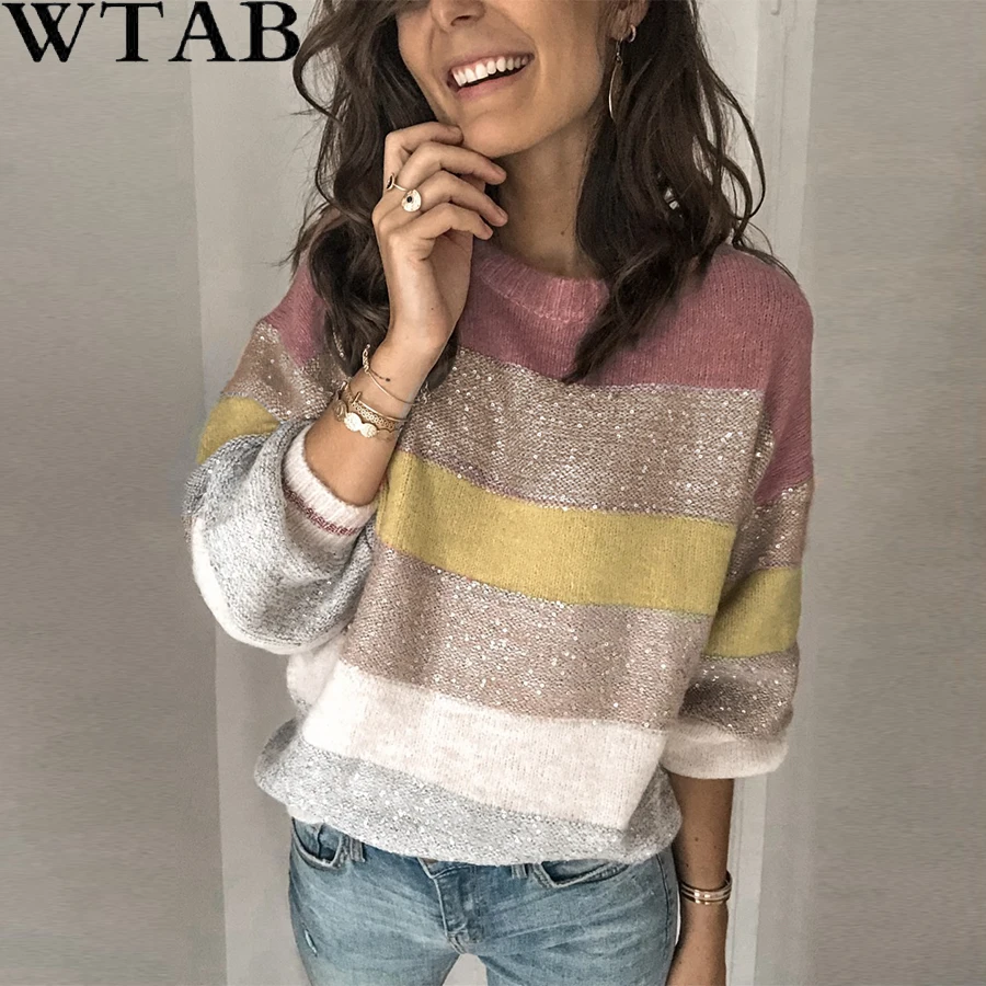 Женский свитер с круглым вырезом WTAB вязаный пуловер в стиле пэчворк длинными