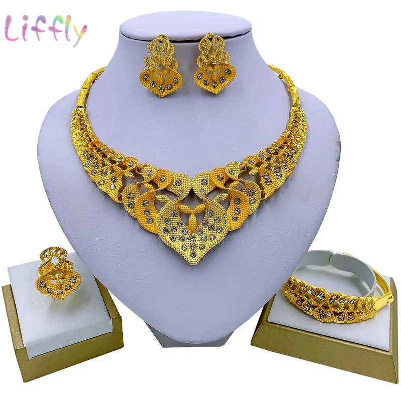 

Liffly Nigeria Charm Bridal Luxury Jewelry Gold Necklace Bracelet Earrings Ring Dubai Wedding Fashion Jewelry Set