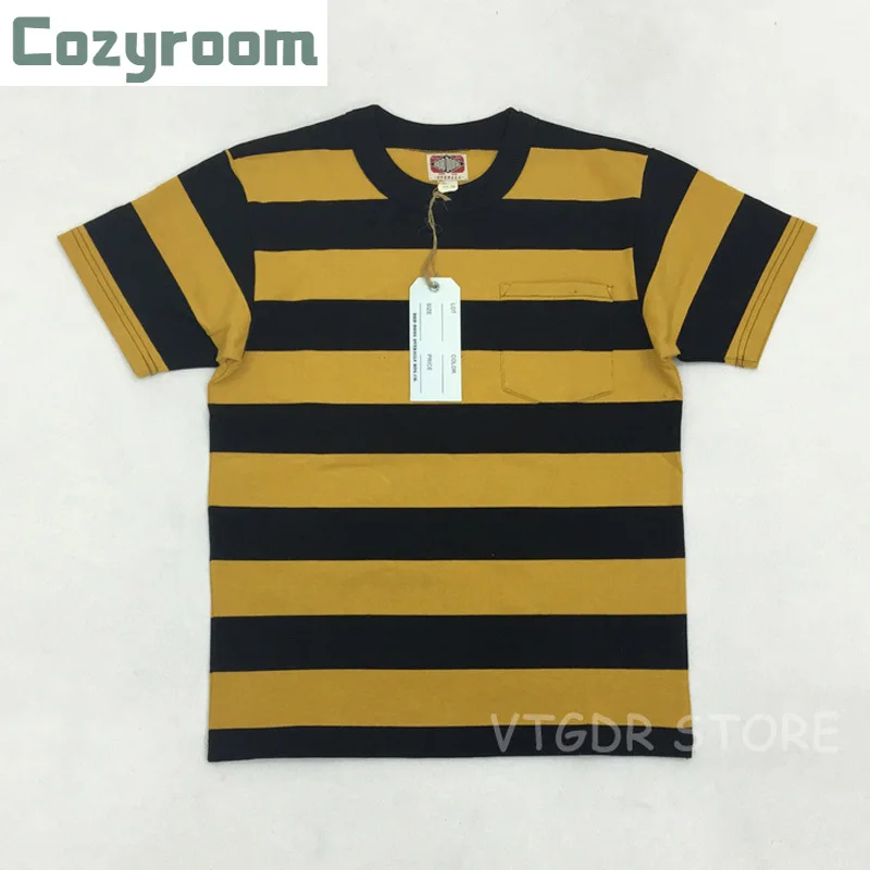 Cozyroom Mens 5cm Stripes Pocket Tee Shirt 330g Motorcycle Rider T-Shirts Prison Tops