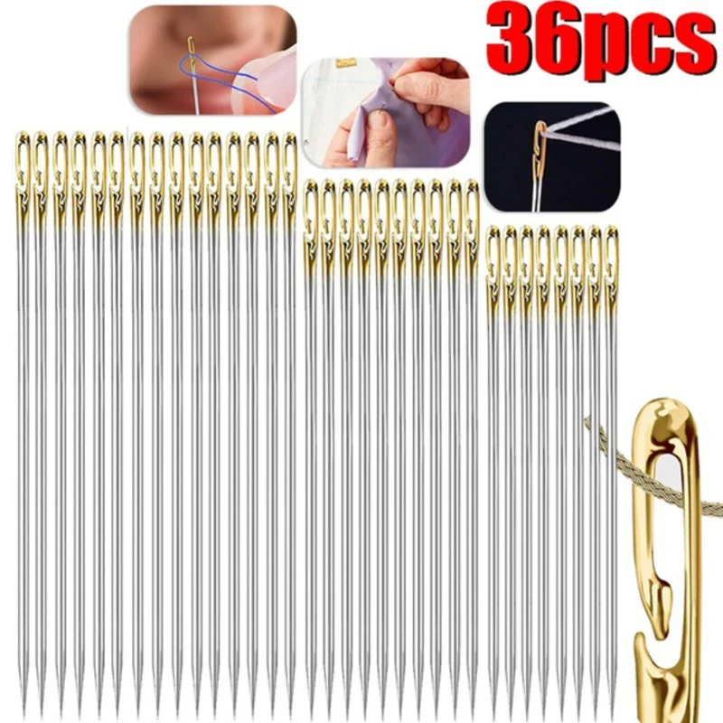 

36pcs Self-Threading Sewing Needles Stainless Steel Quick Automatic Threading Needle Stitching Pins DIY Punch Needle Threader