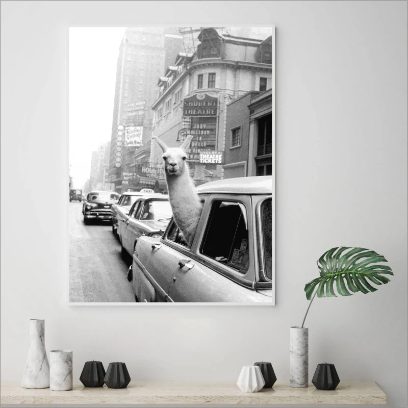 

Vintage llama Print Poster New York Photo Picture, Llama in a taxi on Times Square Canvas Print Poster Retro Wall Art Home Decor