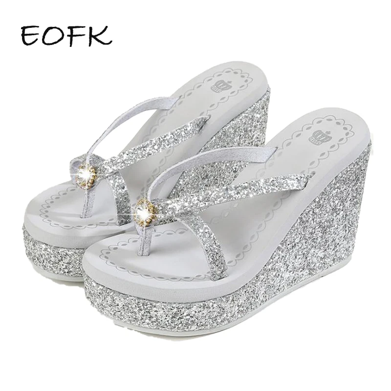 

EOFK Summer Women Slippers Platform Rhinestones Fashion Wedges Flip Flop Breathable Bling Shiny Slides Beach Slippers women
