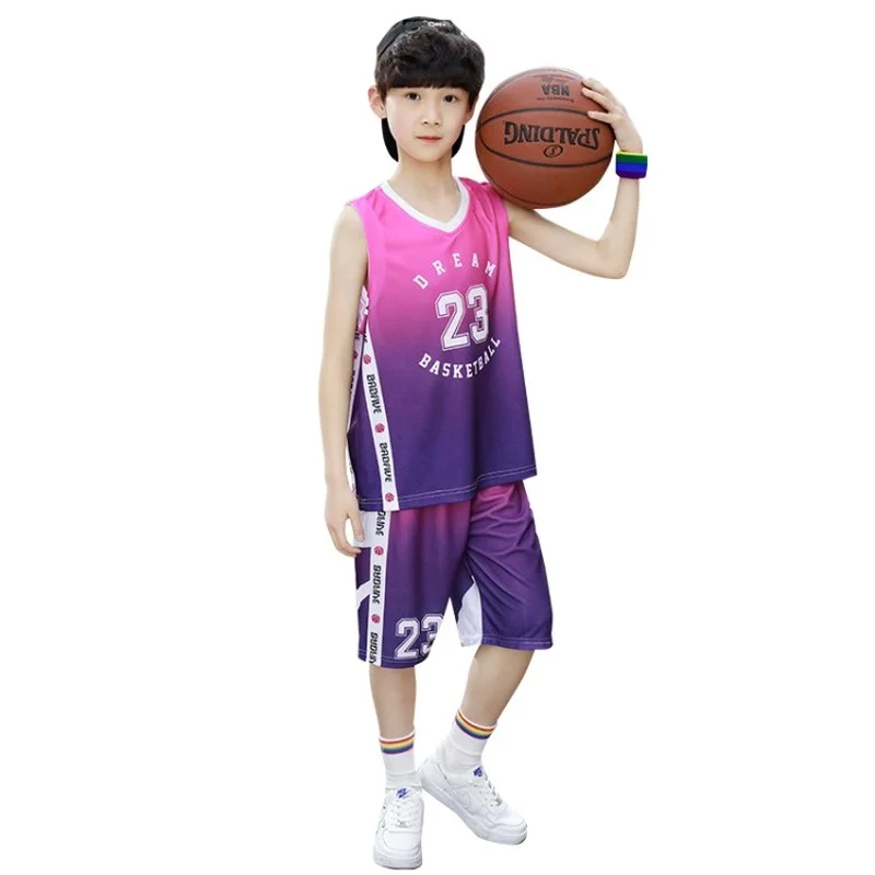 

2021 Sport Jersey Basketball Student Football Tracksuit 2pcs Gradient Color Clothing Sets Personalized Clothes Suit for Children