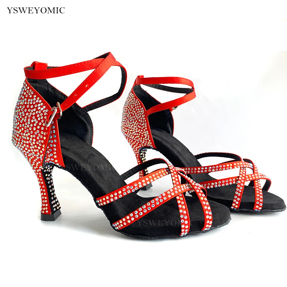 Women Dance Shoes 2021 New Summer Salsa Passion Style Red Satin Rhinestones on Sole 10cm to 5cm Customized Dance Shoes Latin
