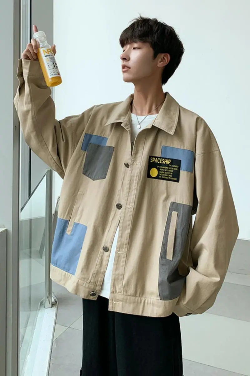 

2020 Spring And Autumn New Student Color Matching Trendy Jacket Fashion Casual Color Matching Loose Top Black / Khaki M-2XL