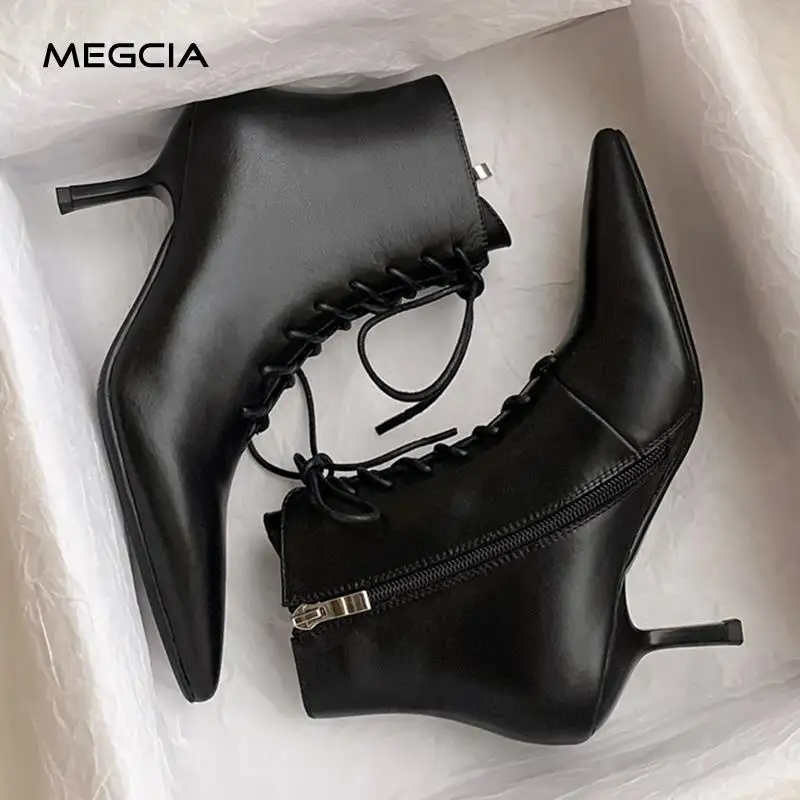 

Женские ботильоны с острым носком MEGCIA, ботинки из натуральной кожи на высоком каблуке, на шнуровке, Осень-зима