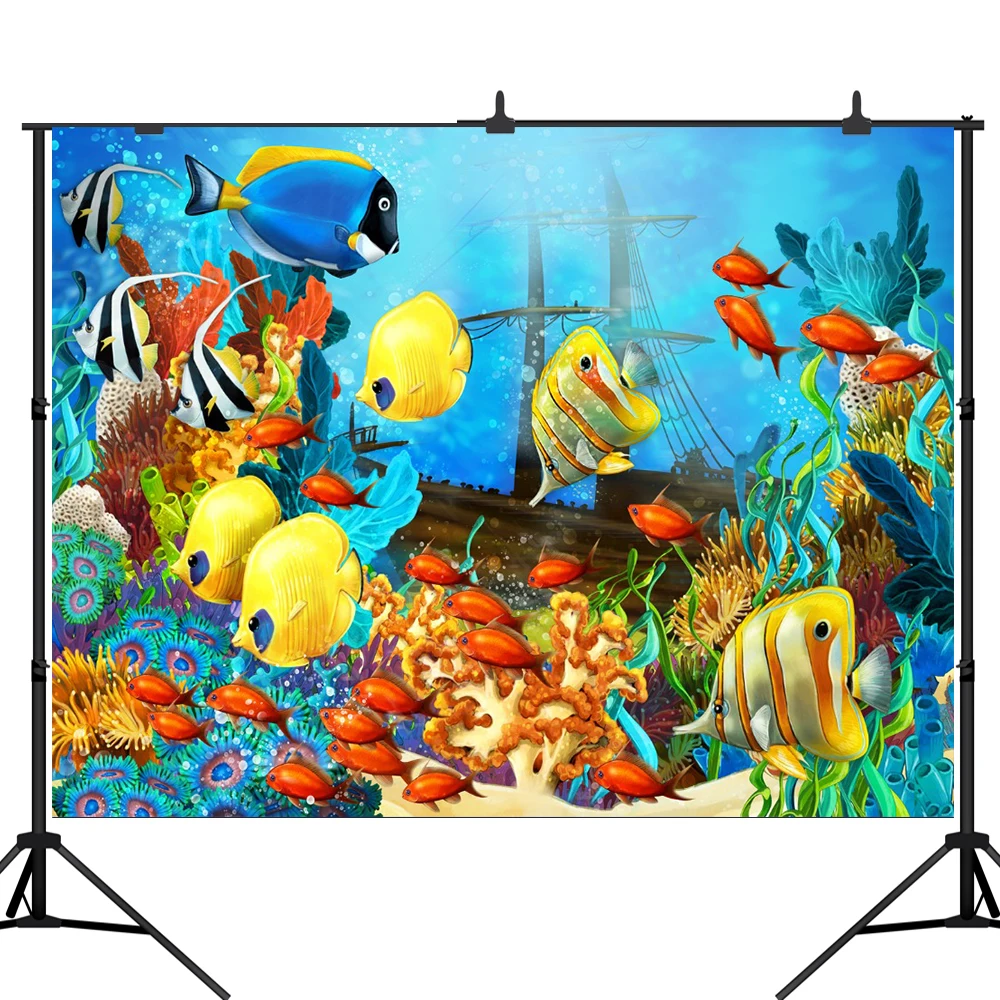 Фон для детской фотосъемки с изображением подводного мира рыб кораллов кораблей