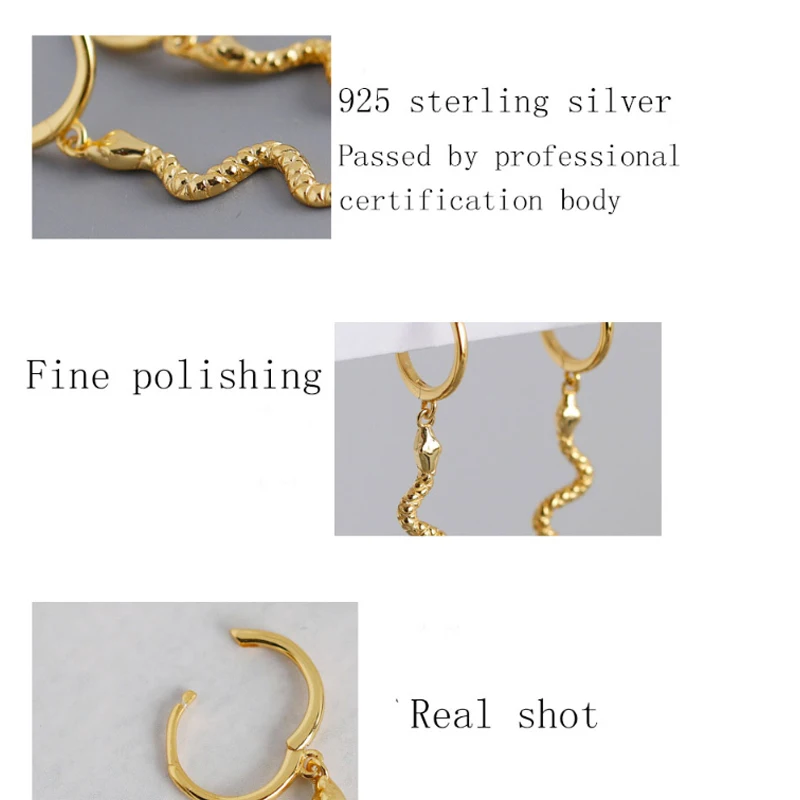 Змея длинные Позолоченные каплевидные серьги с квадратными 925 серебро для женщин