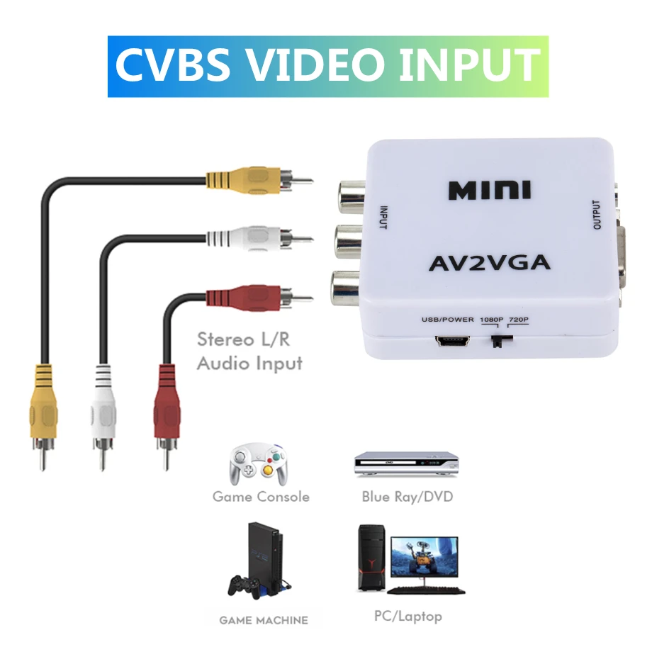 Мини-видеоконвертер PzzPss 1080P RCA AV на VGA видеоконвертер конвертер с 3 5 мм аудио AV2VGA /