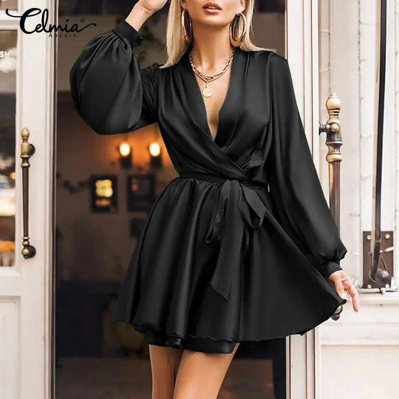 

Celmia Women Satin Mini Dress Vintage Long Sleeve Wrap Bandage Robe Sexy Deep V Neck Vestidos 2021 Autumn Casual Solid Sundress