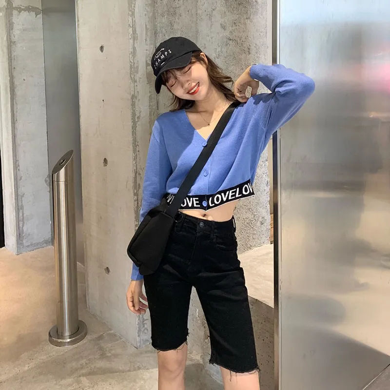 

Fashion Women Button Letter Print Knit Short Cardigan Long Sleeve Casual Warm Loose Sweater Hot