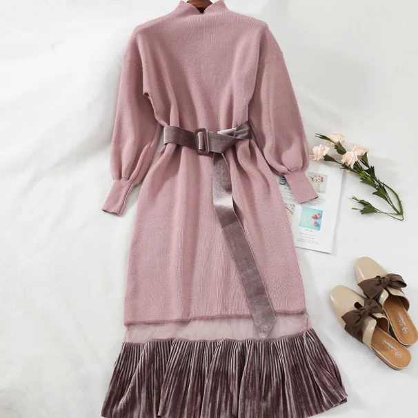 Женское длинное платье свитер с высоким воротником плиссированное бархатное