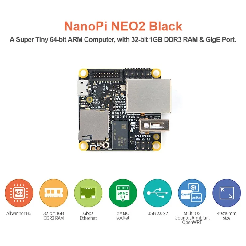 Плата разработки NanoPi NEO2 Black All Zhi H5 четырехъядерный 64-битный A53 гигабитная сеть Ubuntu