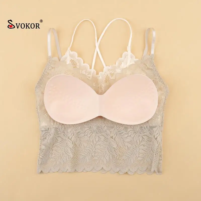 

SVOKOR Double Color Camisole Ladies Bottoming Seamless Beauty Back V-Neck Mesh Lace Women Crop Top Wireless Sexy Vest Top