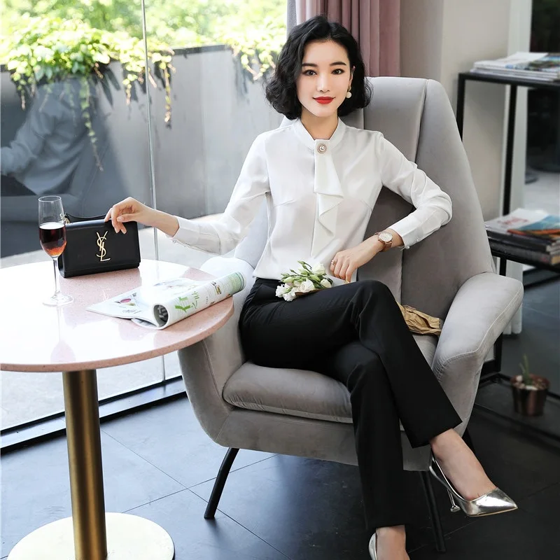 Новинка 2020 женские блузки и рубашки с галстуком белые брюки топ из 2 предметов