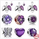 Новинка 925 Стерлинговое Серебро фиолетовая сестра мама Нан Висячие бабочки Любовь бусины подходят для оригинального Pandora браслет, ювелирные изделия с бриллиантами подлинные