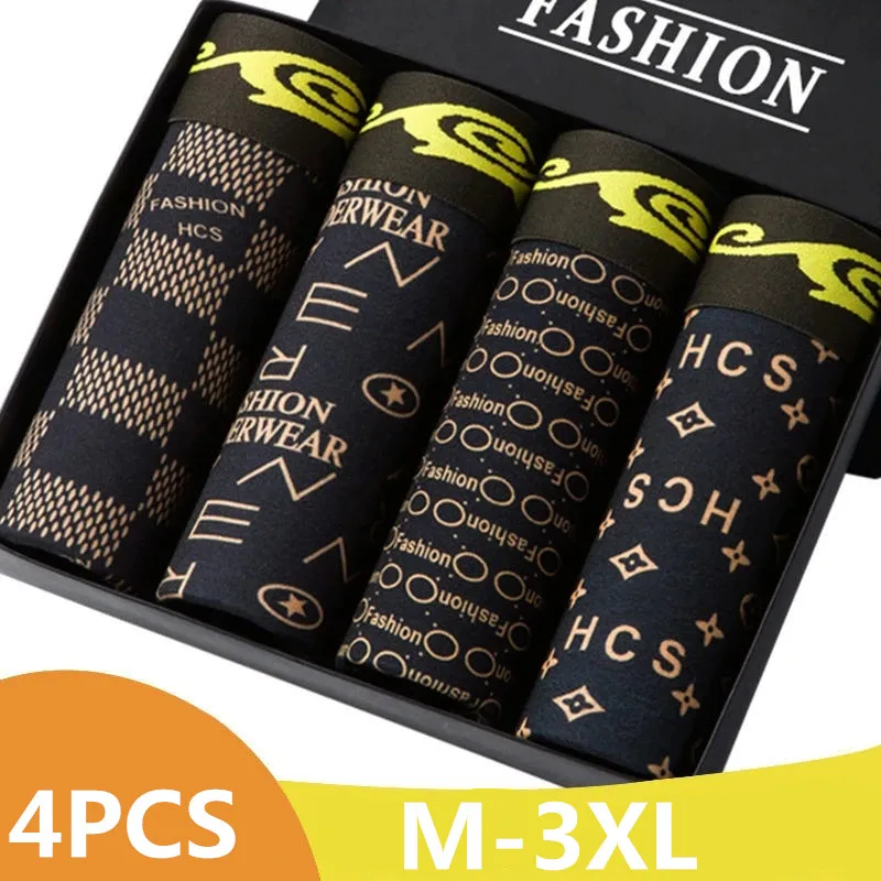

4Pcs Men's Underwear Youth Boxer Shorts Sexy Student Breathable Elastic Underpants Soft Pants Convex Pouch L/XL/XXL/3XL/4XL/5XL
