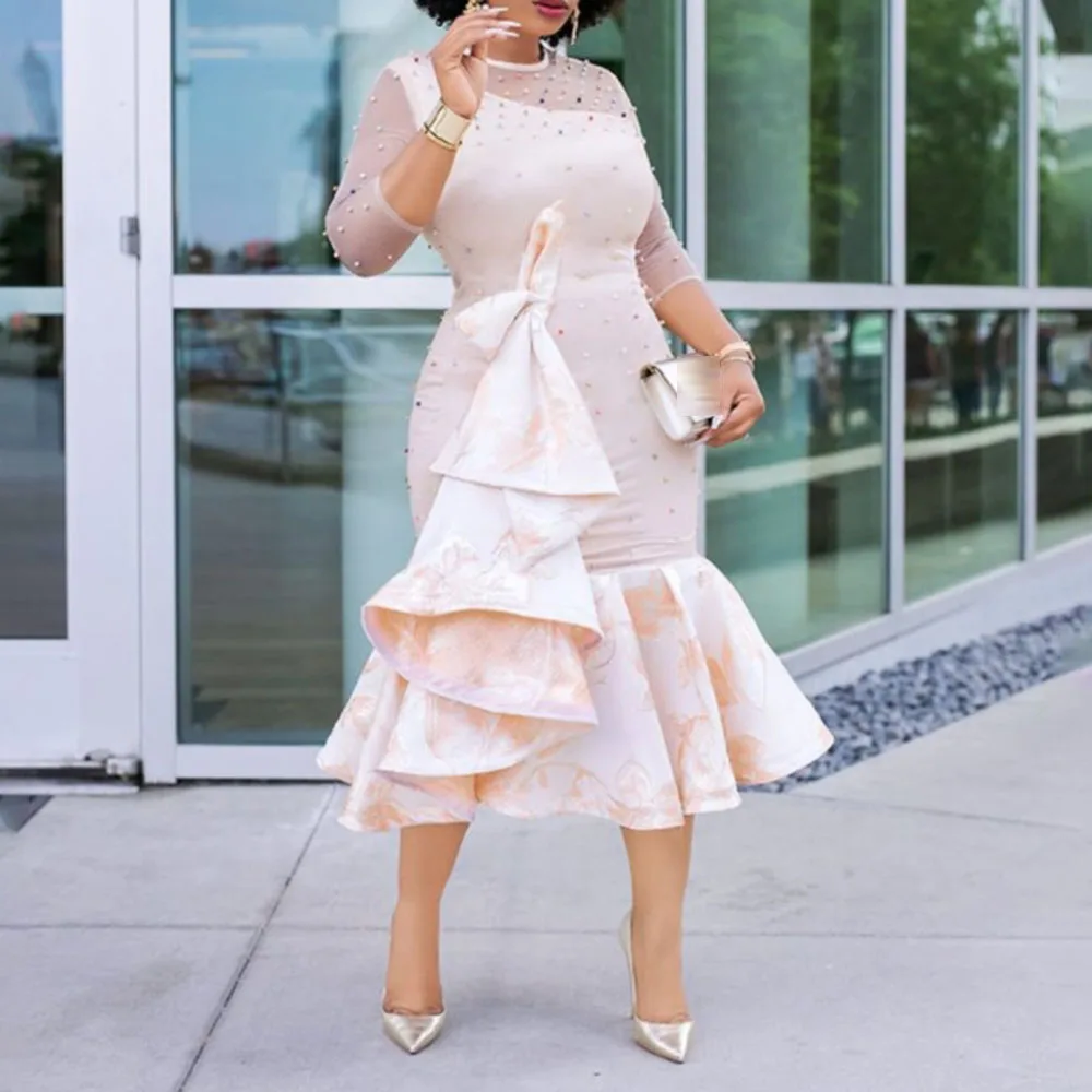 

Western Style Ladies Dress Fashion Temperament Casual Oversize African Commute Elegant Beaded Net Yarn Perspective Round Neck