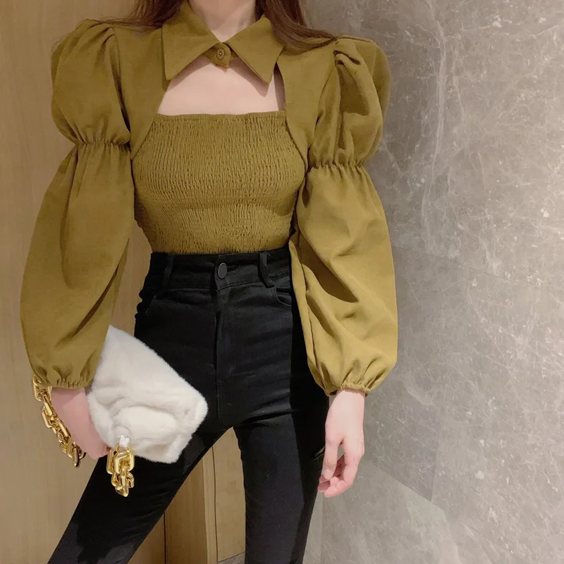 

Hzirip Turn-Down Collar Solid Shirt Hollow Out Folds Lantern Sleeve Women Top 2021 Autumn Fashion Button Pullover Casual Gentle