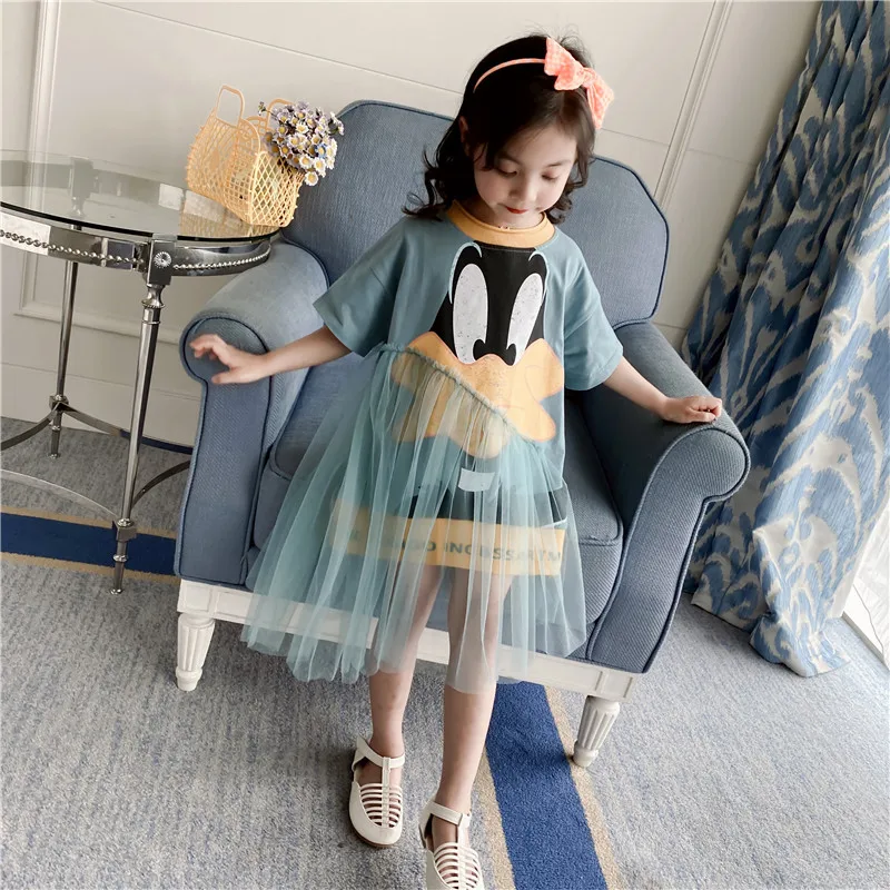 Платье для девочек-подростков с коротким рукавом и кружевом голубое длинное