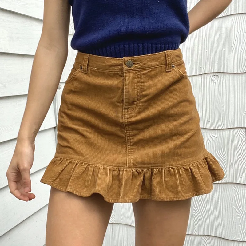 

Autumn and winter new sexy high-waisted slim ruffled corduroy skirt women