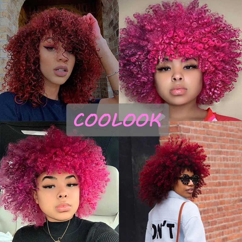 

Short Kinky Curly Women's Wigs with Bangs 15'' Fluffy Afro Kinky Curly Red Wig Synthetic Natural Curls Pink Wigs Peruca Cosplay