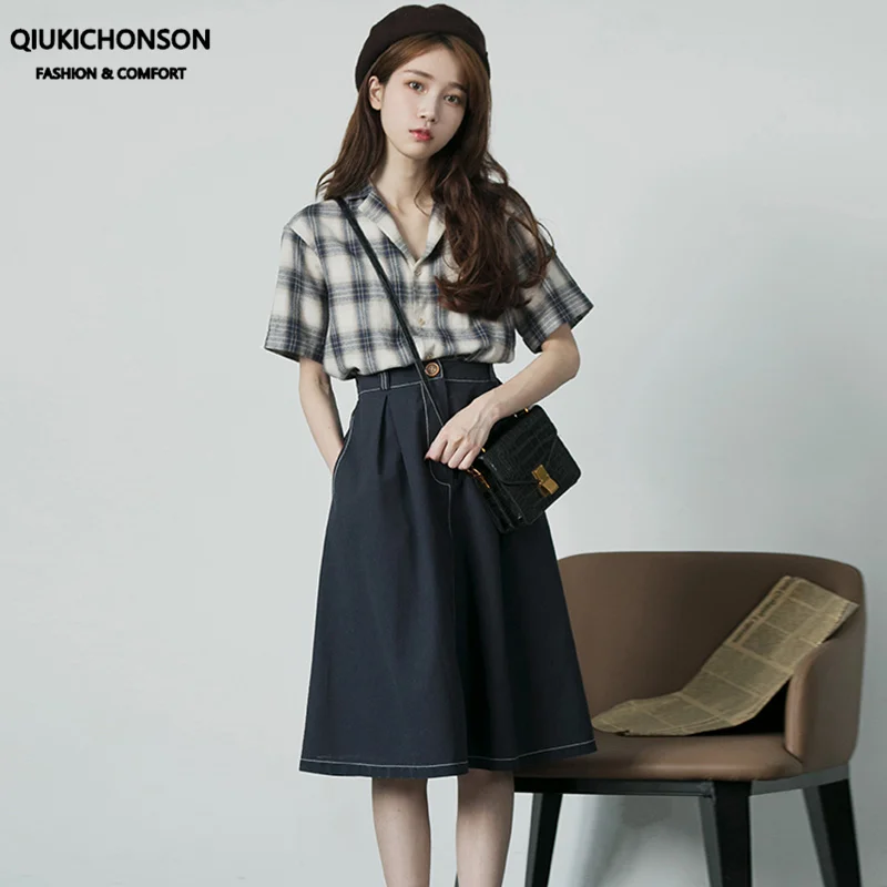 

Женский комплект из двух предметов, летняя повседневная клетчатая рубашка и длинная юбка, в Корейском стиле