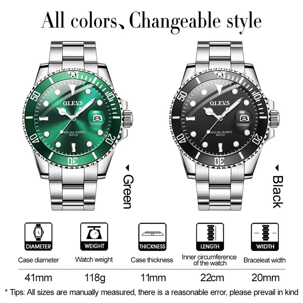 

OLEVS Mens Watches Top Brand Luxury Fashion Waterproof Luminous Hand Green Dial Quartz Sports Wristwatch Gifts for Men gentlmen