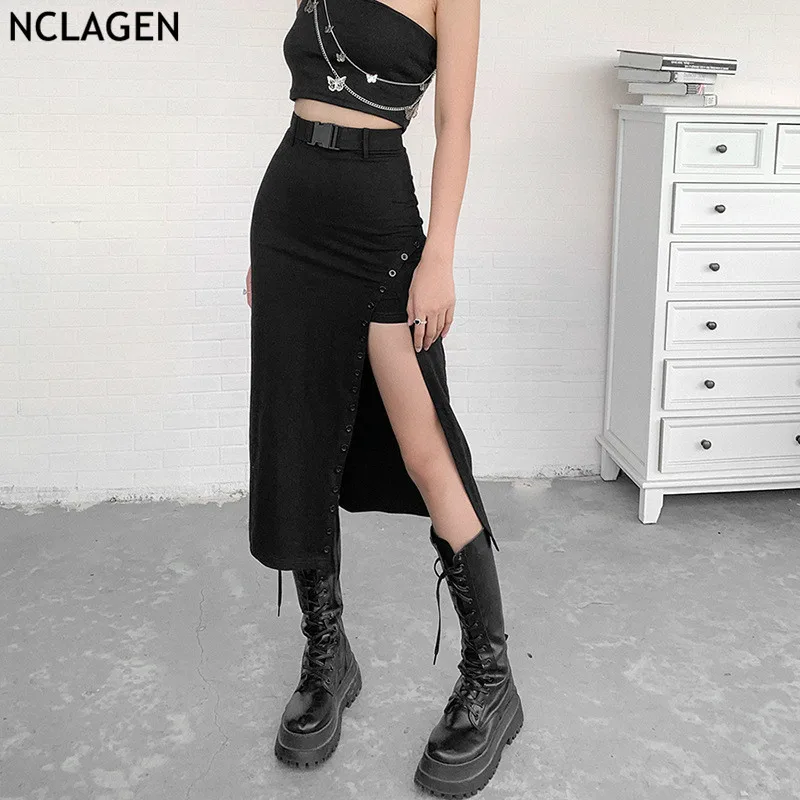 NCLAGEN нерегулярные Разделение Высокая Талия Bodycon длинный юбка и пояс комплект