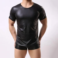 mens t shirt short sleeved stretch faux leather undershirt with muscles mens dance top short sleeved club slim t shirt