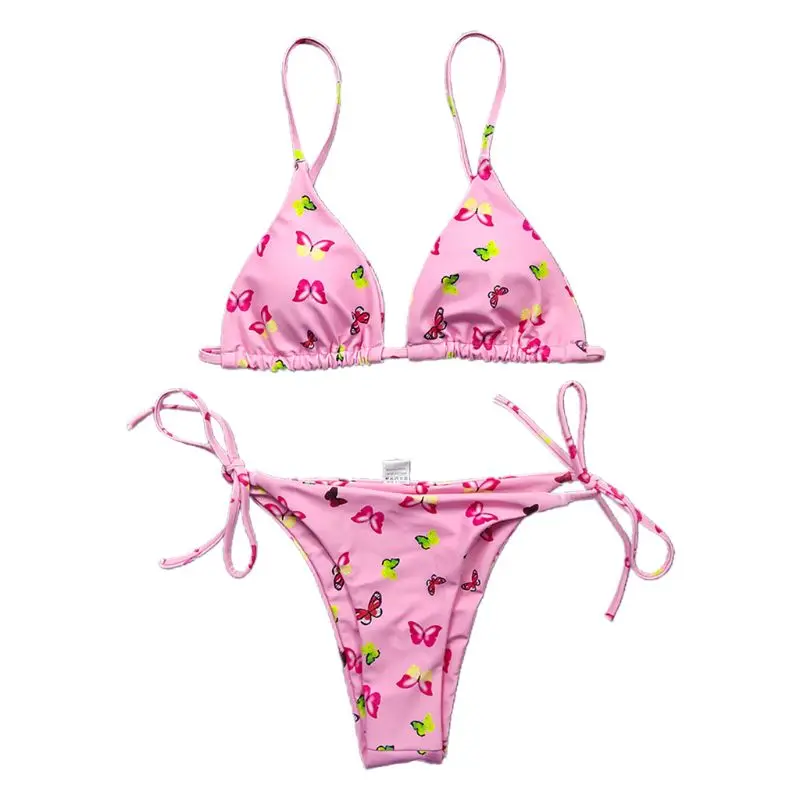 

H9ED Women Sexy Triangle Brazilian Bikini Set Butterfly Printed Side Bandage Swimsuit