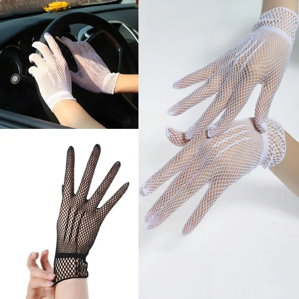 

Elegant Wedding Evening Party Accessory White Black Bride Mittens Uv-proof Driving Mesh Fishnet Gloves Lace Finger