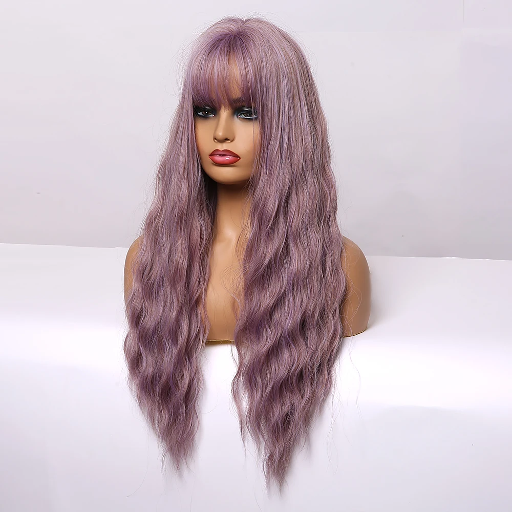 LOUIS FERRE-Peluca de cabello sintético para mujer afroamericana, cabellera artificial larga con ondas al agua y flequillo, color morado Pastel, estilo Cosplay, resistente al calor