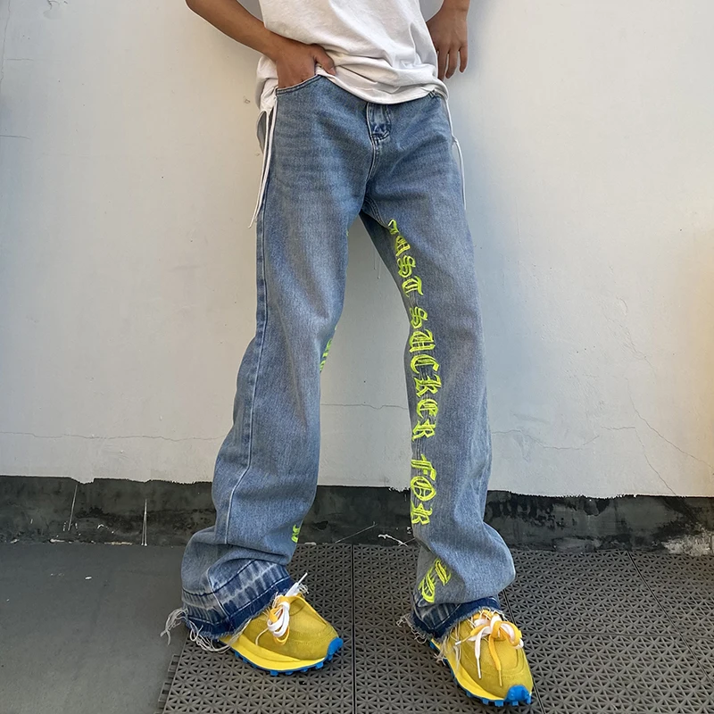 

High Street Retro Embroidery Flare Pants Mens and Womens Oversize Ripped Washed Jeans Straight Loose Casual Denim Trousers