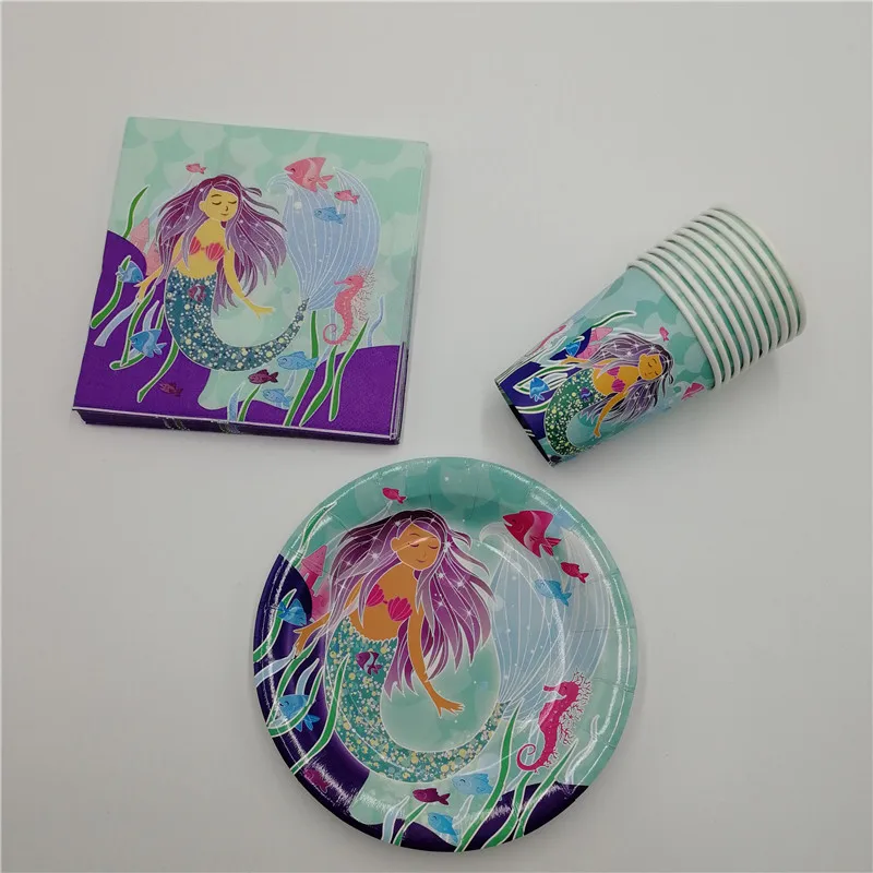 

40pcs Little Mermaid Theme Disposable Party Tableware Napkin Plate Cup Set Kids Birthday Party Decor Girl Favor Party Supplies